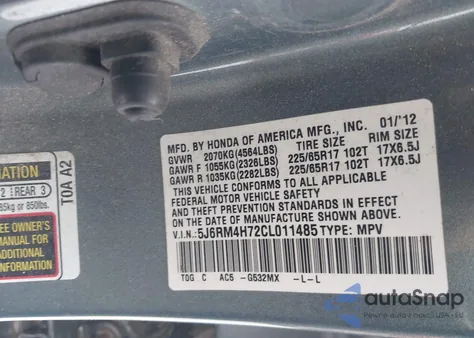 2012 Honda Cr-V Ex-L из США, поврежденный, VIN 5J6RM4H72CL011485